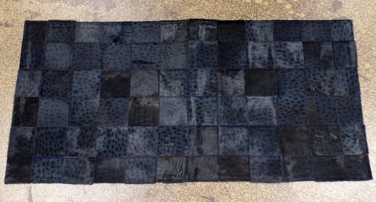 Navy Leopard Stenciled Cowhide Patchwork Rug