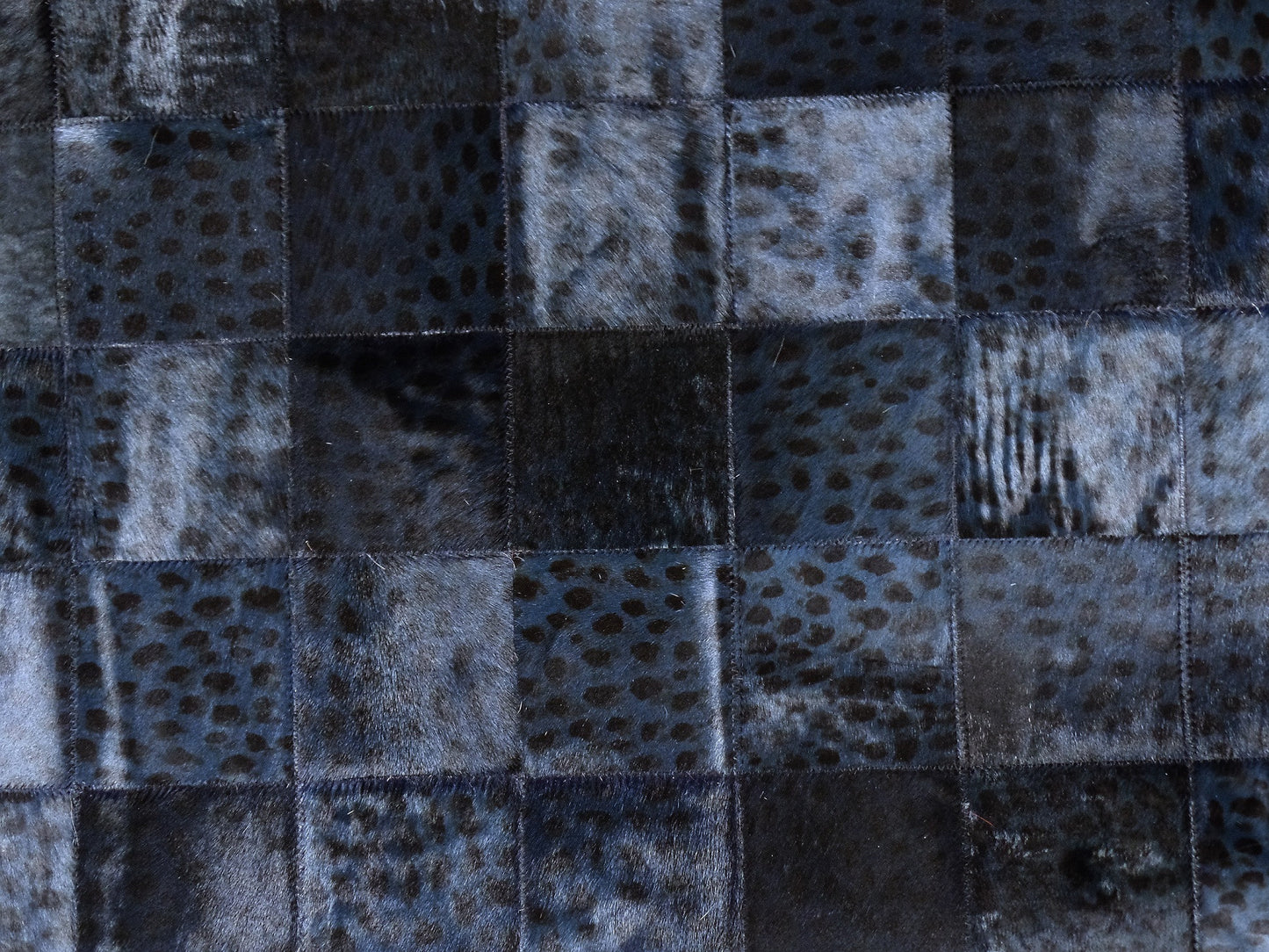 Navy Leopard Stenciled Cowhide Patchwork Rug