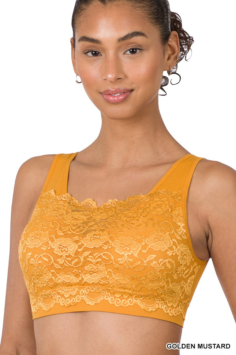 SEAMLESS BRA TOP WITH FRONT LACE COVER in GOLDEN MUSTARD
