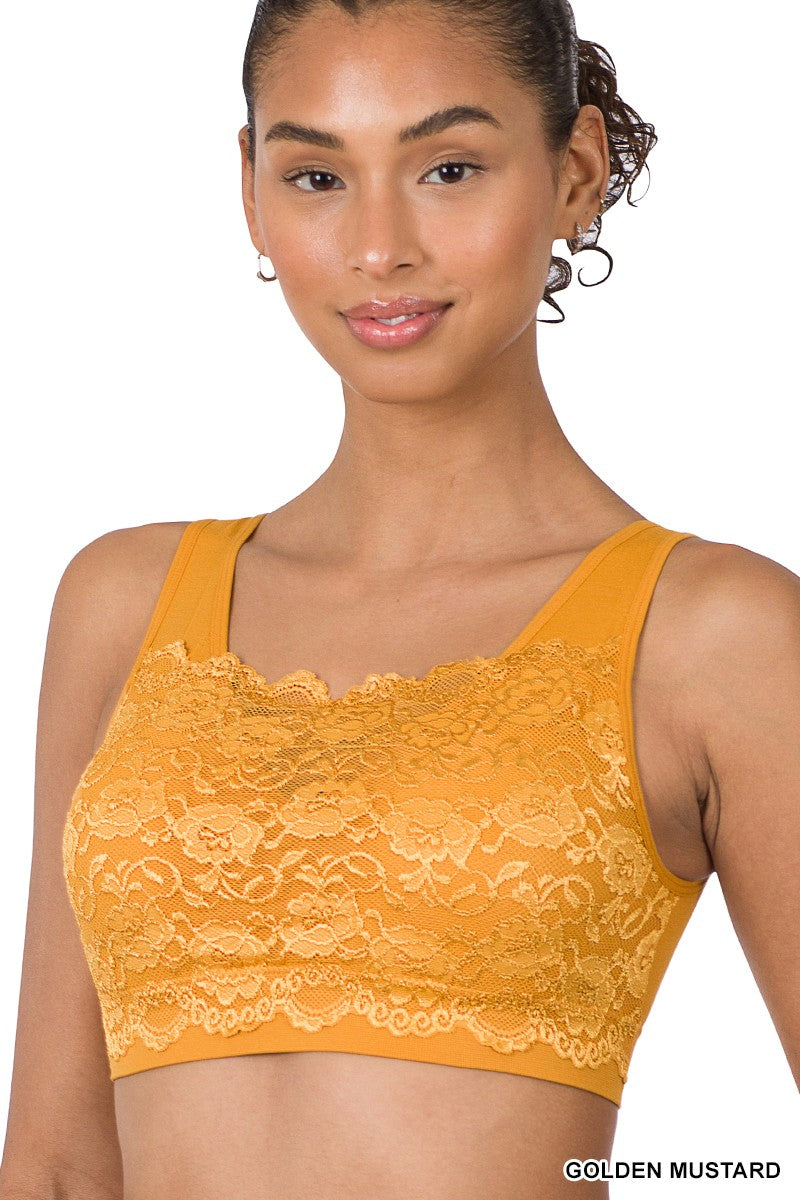 SEAMLESS BRA TOP WITH FRONT LACE COVER in GOLDEN MUSTARD SEAMLESS BRA TOP WITH FRONT LACE COVER in GOLDEN MUSTARD