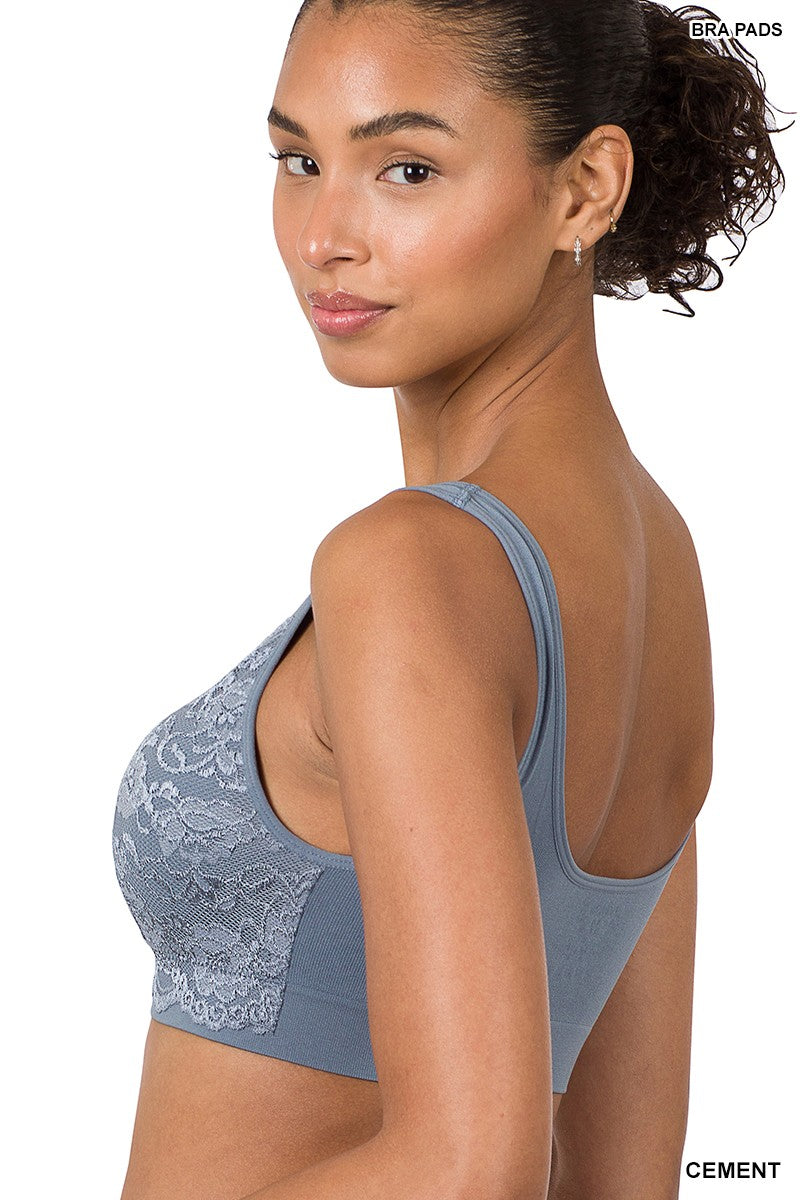 SEAMLESS BRA TOP WITH FRONT LACE COVER in CEMENT