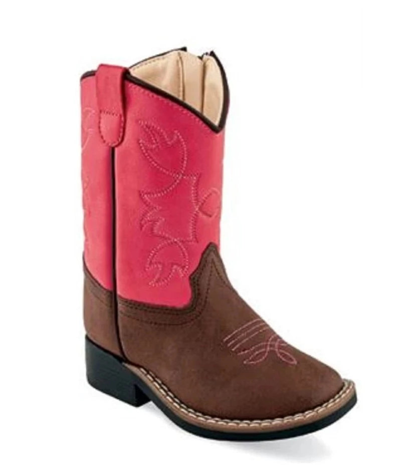 OLD WEST TODDLER GIRLS HOT PINK/BROWN WIDE SQUARE TOE BOOT