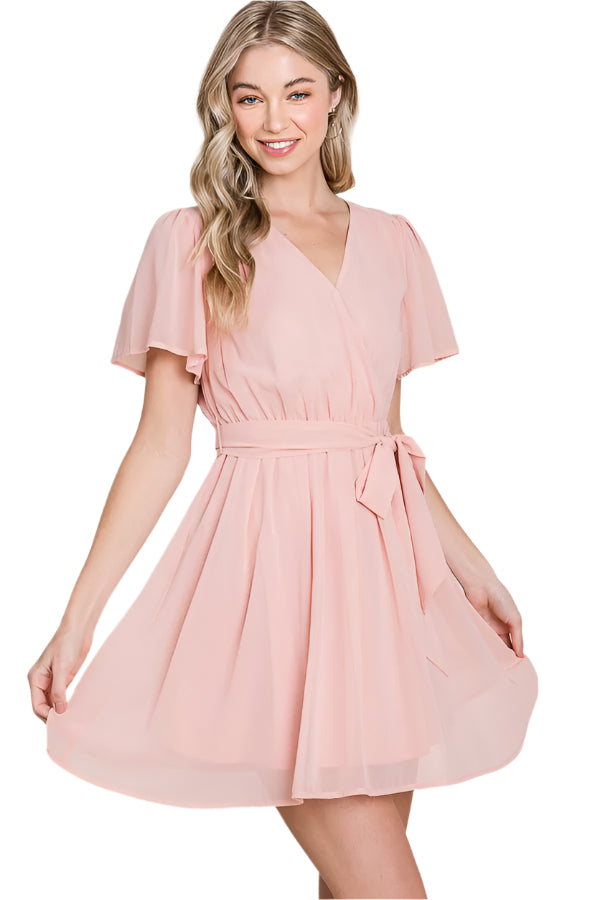 Cape Sleeve Surplice Mini Dress in Peach Small Cape Sleeve Surplice Mini Dress in Peach Small