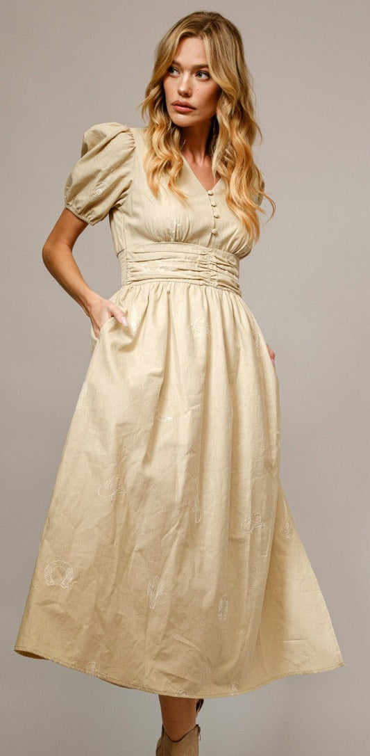 WESTERN EMBROIDERED PUFF SLEEVE MIDI DRESS in TAUPE