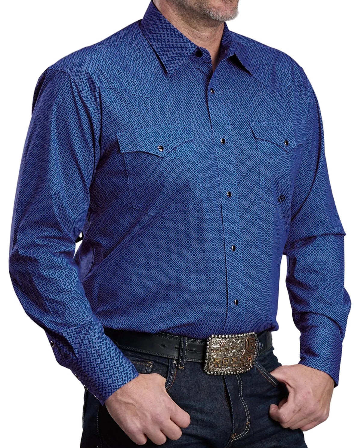 ROPER MEN'S BLUE LATTICE WESTERN SNAP STRETCH SHIRT