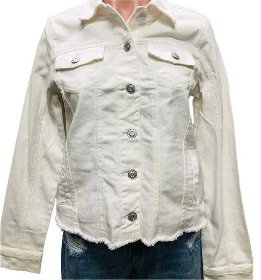 Ladies Denim Fray Hem Trucker Jacket - White