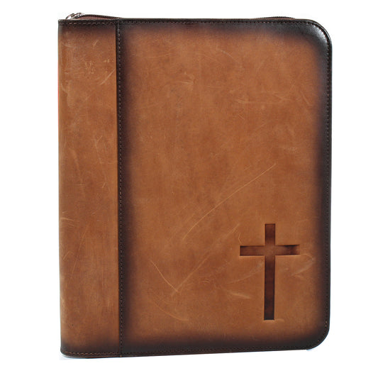 NOCONA BIBLE COVER STAINED CROSS BROWN