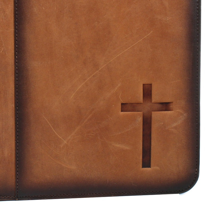 NOCONA BIBLE COVER STAINED CROSS BROWN