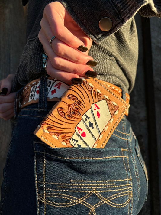 WESTERN TOOLED POKER ACES LEATHER TRIFOLD WALLET