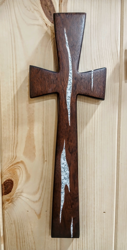 J TREJO FINE ARTS LARGE MESQUITE CROSS W/WHITE BUFFALO TURQUOISE INLAY