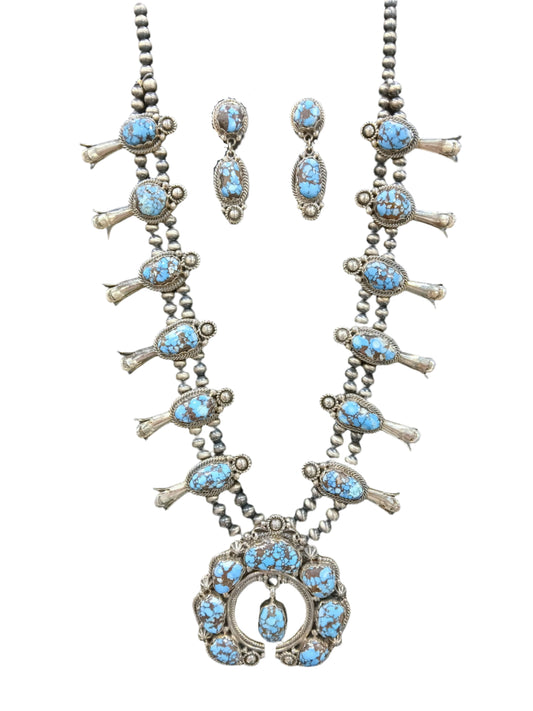 GOLDEN HILLS TURQUOISE SQUASH BLOSSOM NECKLACE/EARRING SET