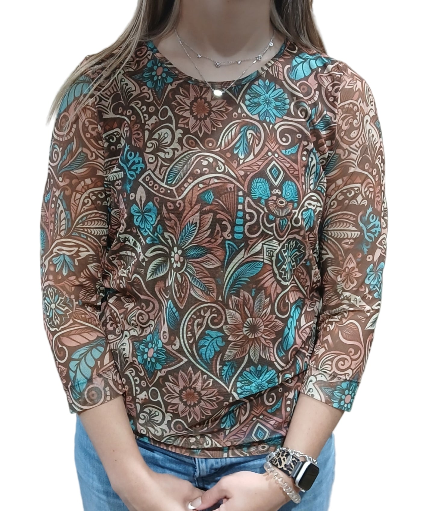 TURQUOISE AND BROWN WESTERN FLORAL PRINT 3/4 SLEEVE MESH TOP