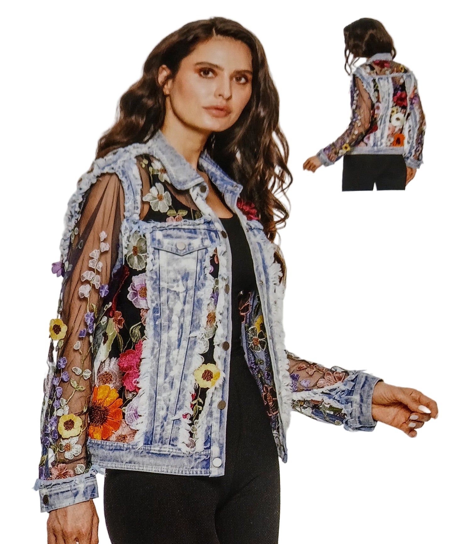 ADORE JACKET WITH 3D FLORAL DETAIL in STONE WASH DENIM