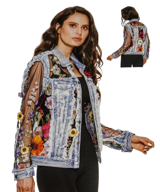 ADORE JACKET WITH 3D FLORAL DETAIL in STONE WASH DENIM