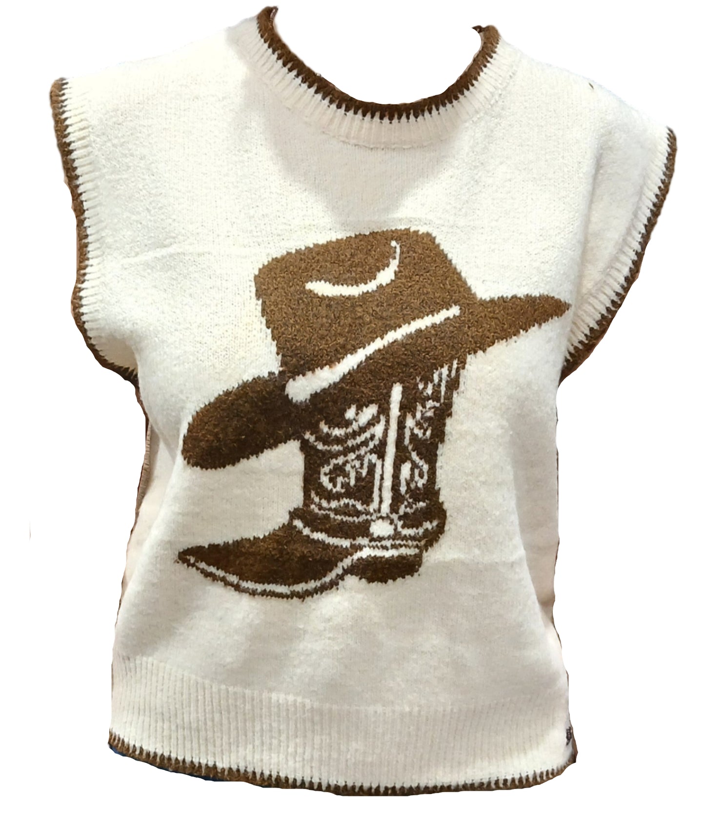 HAT AND BOOT SLEEVELESS SWEATER in SAND/BROWN