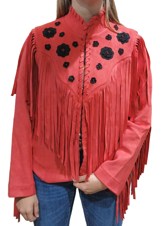 W.A.Y. SUEDE WHIPSTITCH FRINGE JACKET WITH BLACK FLOWER DETAIL in RED