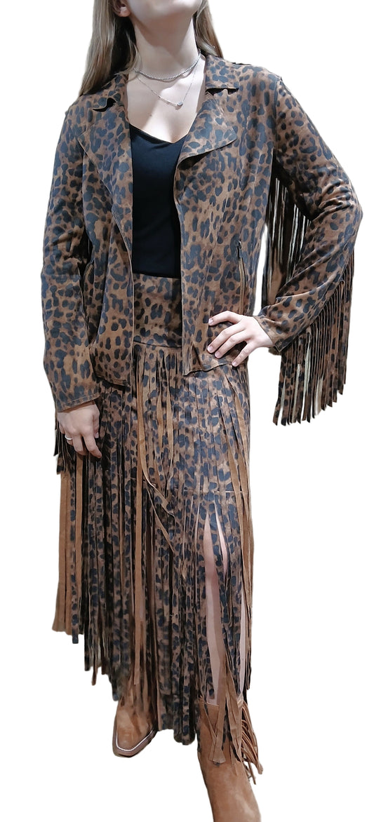 W.A.Y. LONG SUEDE FRINGE SKIRT in LEOPARD