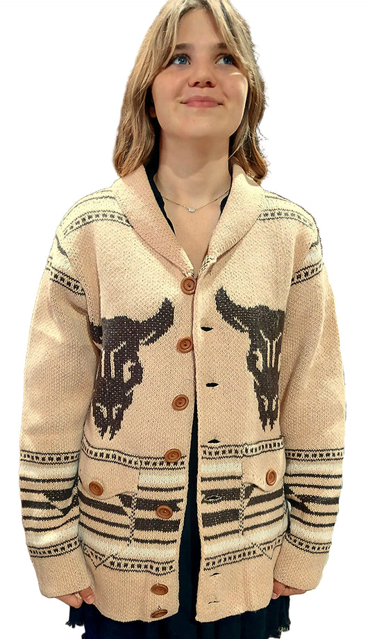 WESTERN PRINT SHAWL COLLAR KNIT CARDIGAN in CREAM/BROWN