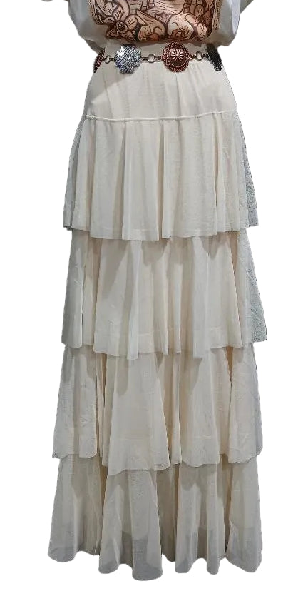 W.A.Y. IVORY MESH TIERED MAXI SKIRT