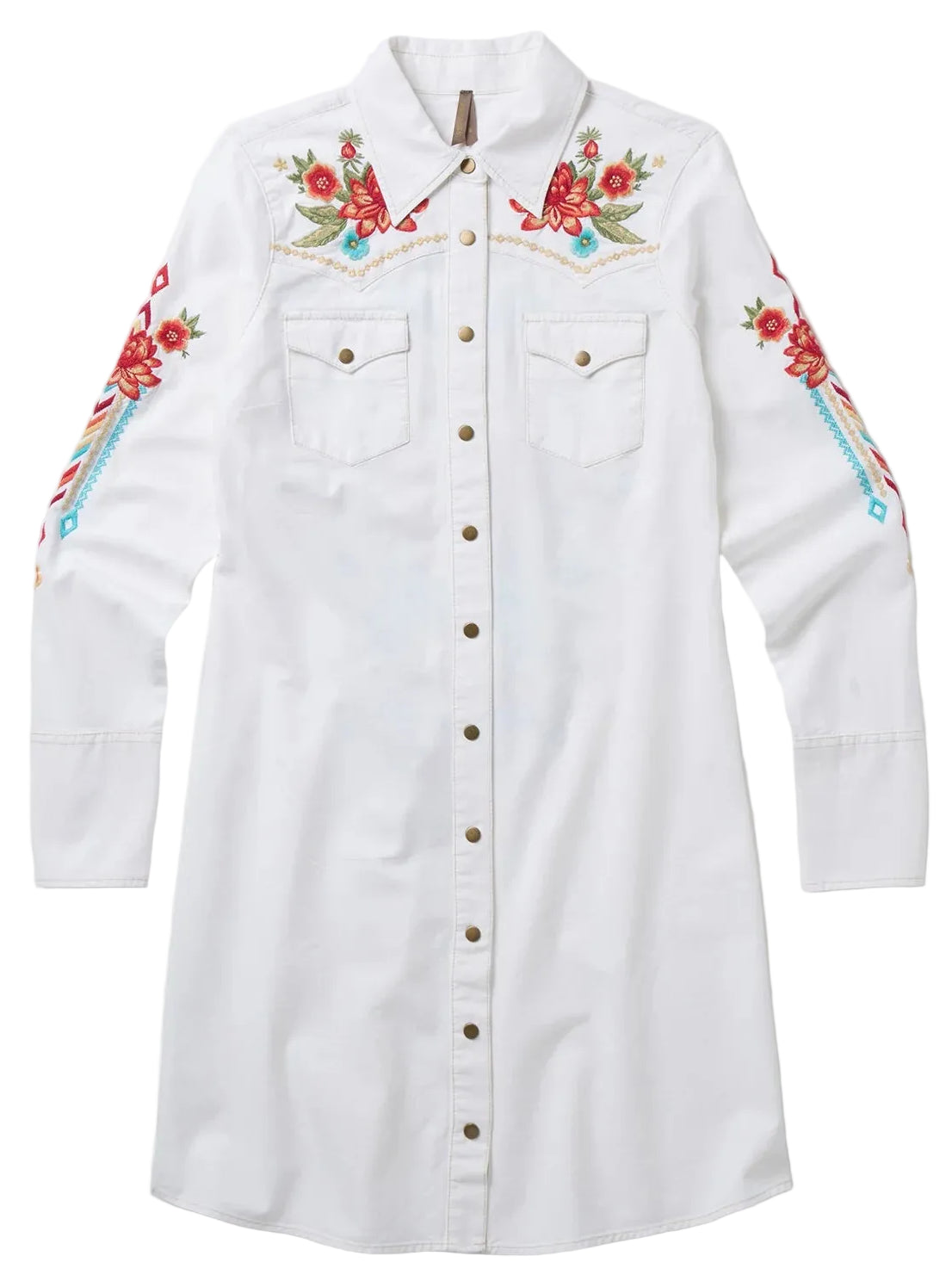 STETSON WHITE DENIM SHIRT DRESS WITH AZTEC EMBROIDERY