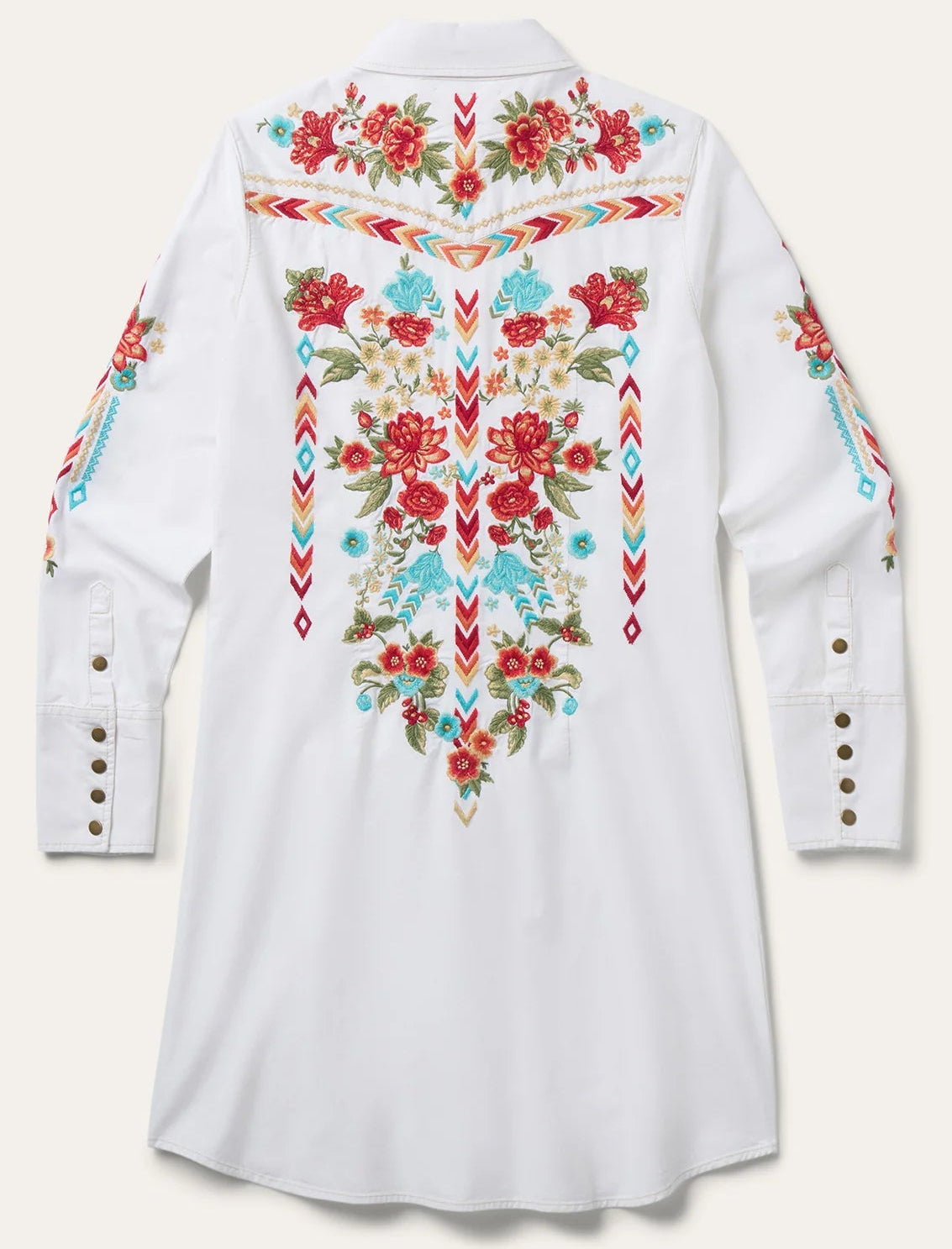 STETSON WHITE DENIM SHIRT DRESS WITH AZTEC EMBROIDERY