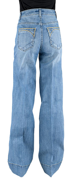 STETSON WOMEN'S DIAGONAL PIECED BACK POCKET WIDE LEG MED WASH JEANS