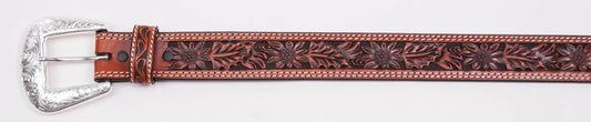 MEN'S BELT WITH FLORAL TOOLING in COGNAC