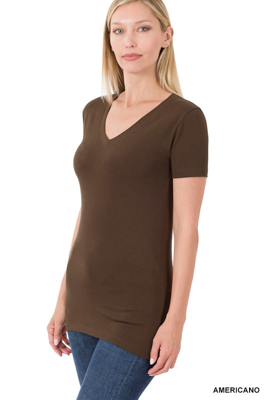 COTTON V-NECK SHORT SLEEVE TEE in AMERICANO
