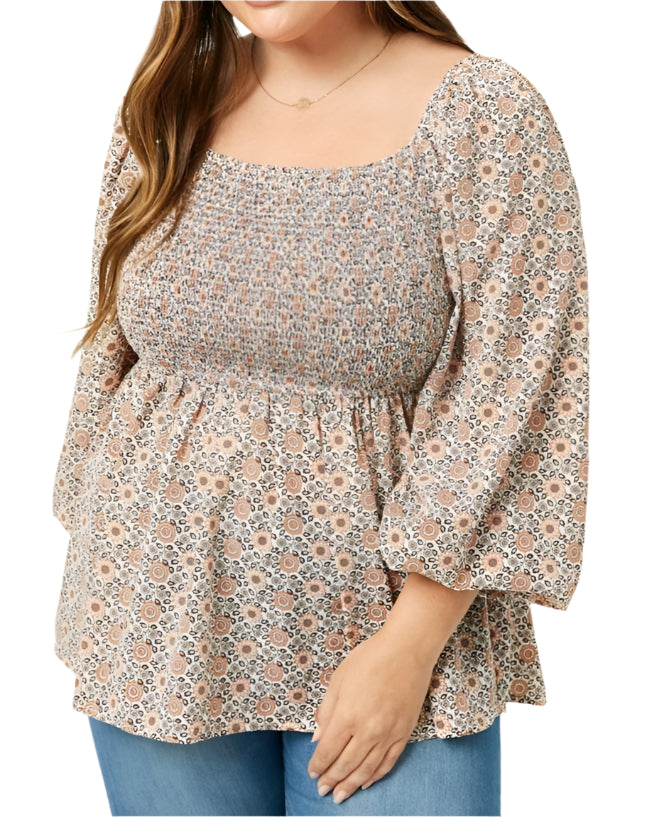 LADIES PLUS SIZE SMOCKED PEPLUM TOP WITH PUFF SLEEVES