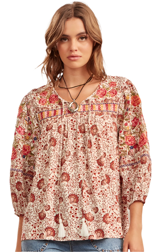 PLUS SIZE SAVANNA JANE V-NECK EMBROIDERED BABYDOLL TOP in RUST