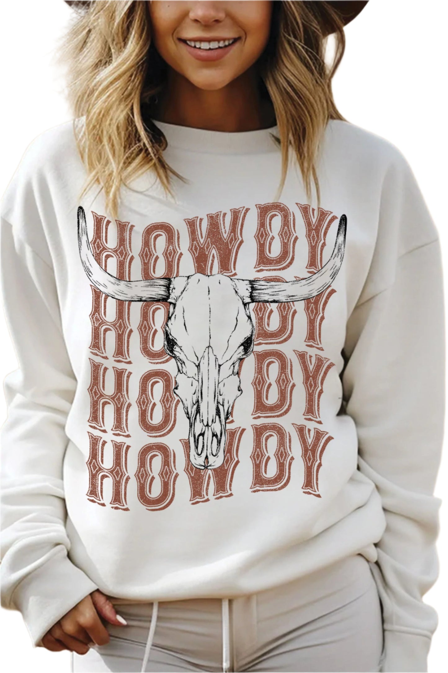 HOWDY COW SKULL GRAPHIC BRUSHED SWEATSHIRT in OAT