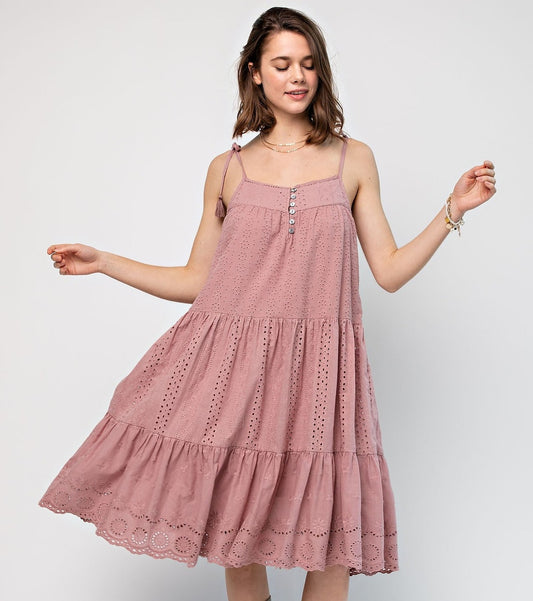 EYELET LACE TIER CAMI DRESS in MAUVE