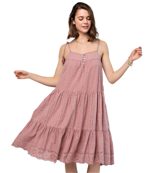 EYELET LACE TIER CAMI DRESS in MAUVE