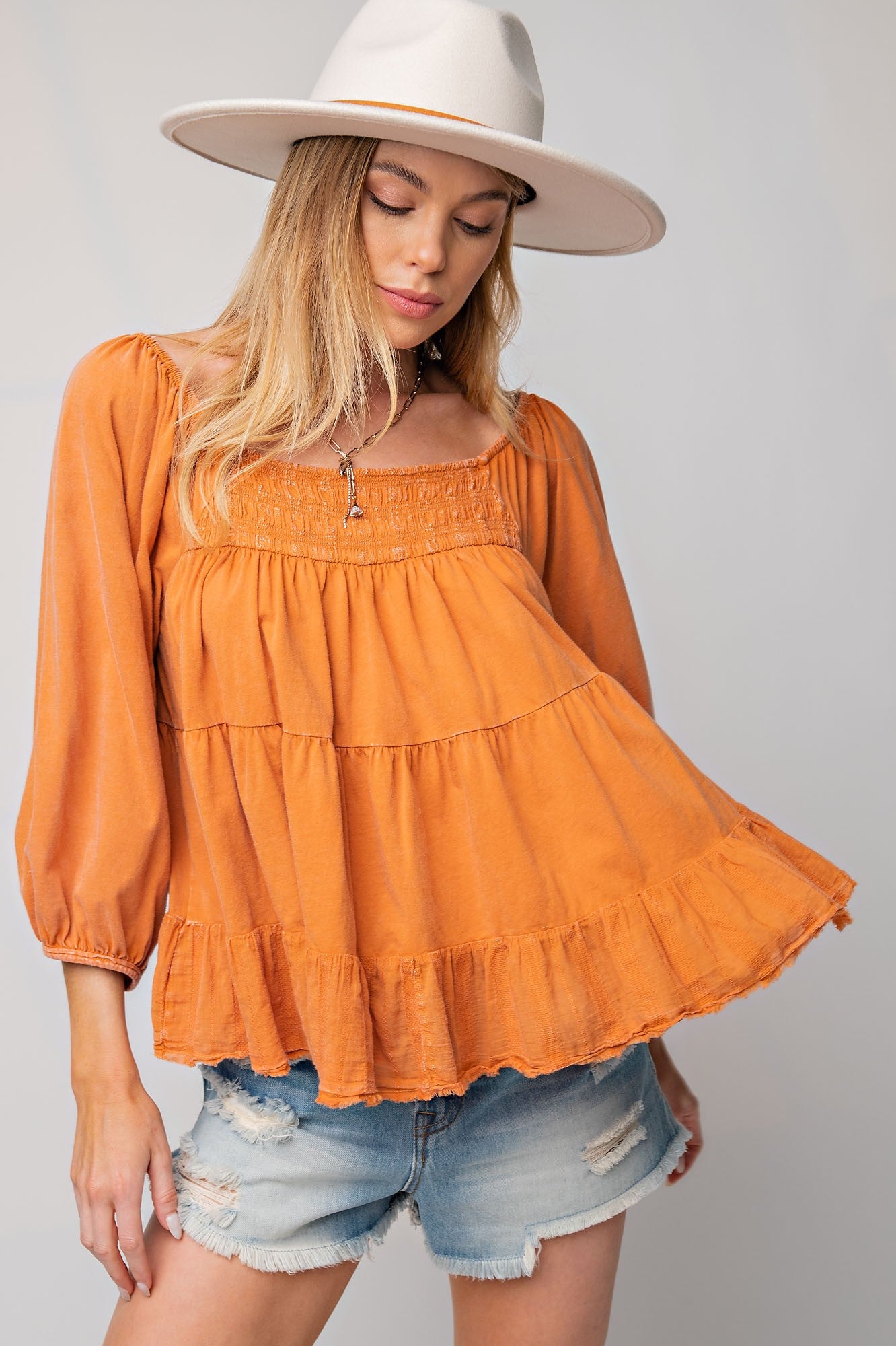 MINERAL WASHED TIERED TOP in CINNAMON