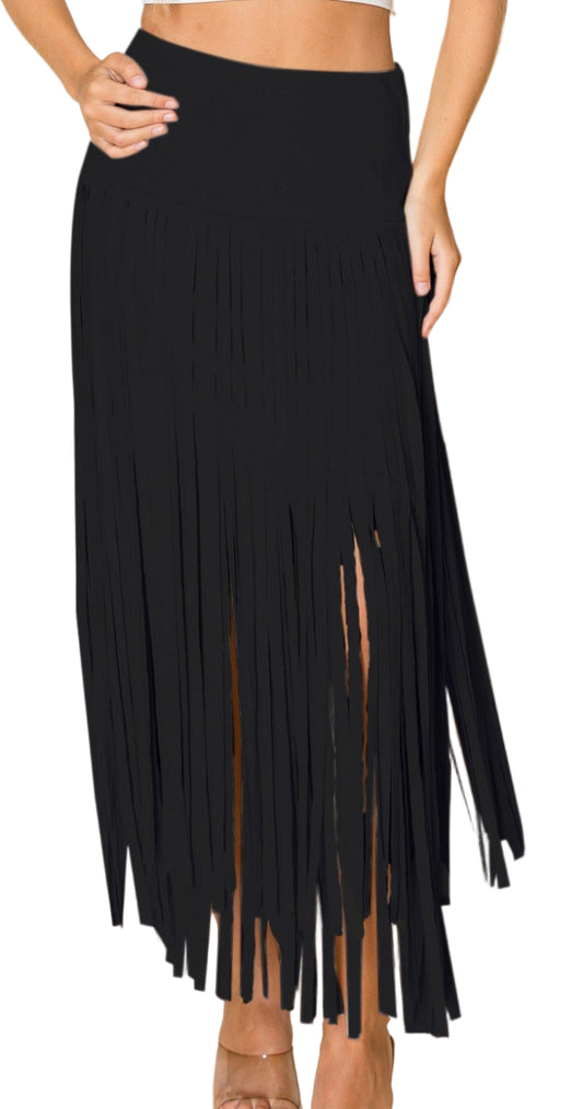 W.A.Y. LONG SUEDE FRINGE SKIRT in BLACK