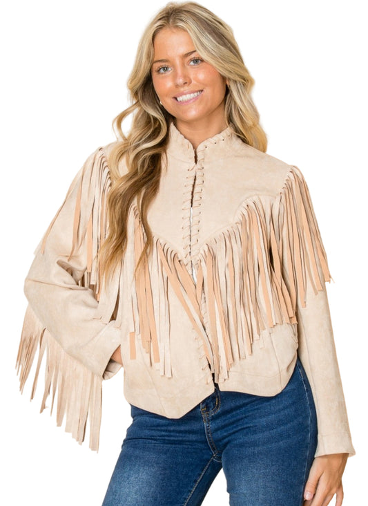 W.A.Y. WHIPSTITCH FRINGE JACKET in TAN/BONE