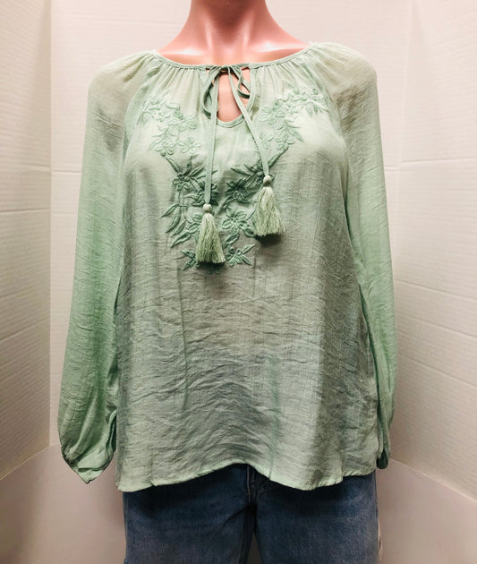LADIES EMBROIDERIED PEASANT TOP - MINT GREEN