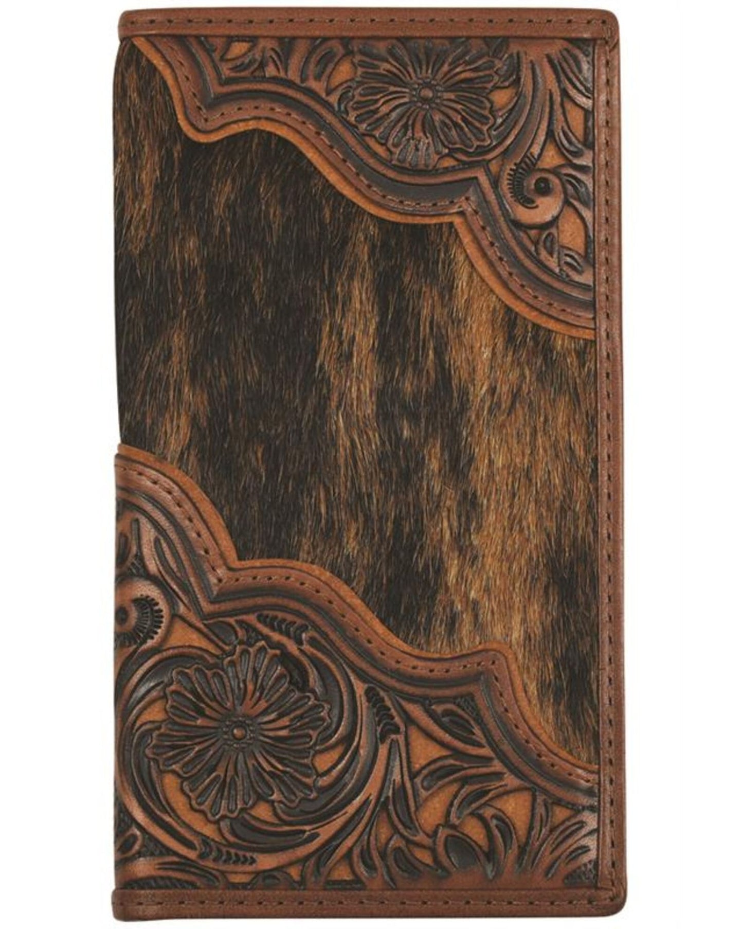 JUSTIN MENS GENUINE LEATHER RODEO WALLET TOOLED W/BRINDLE HAIR-ON-HIDE