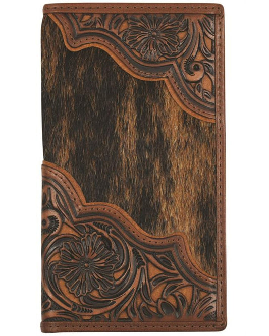 JUSTIN MENS GENUINE LEATHER RODEO WALLET TOOLED W/BRINDLE HAIR-ON-HIDE