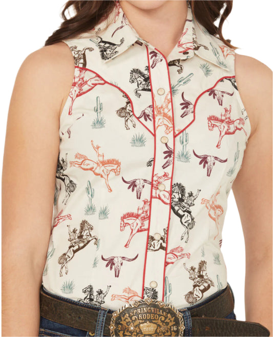 ROCK & ROLL DENIM WOMEN'S HORSE PRINT SLEEVELESS SNAP WESTERN SHIRT