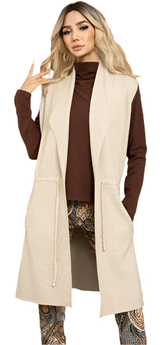 LONG-LINE FRONT TIE VEST in BEIGE