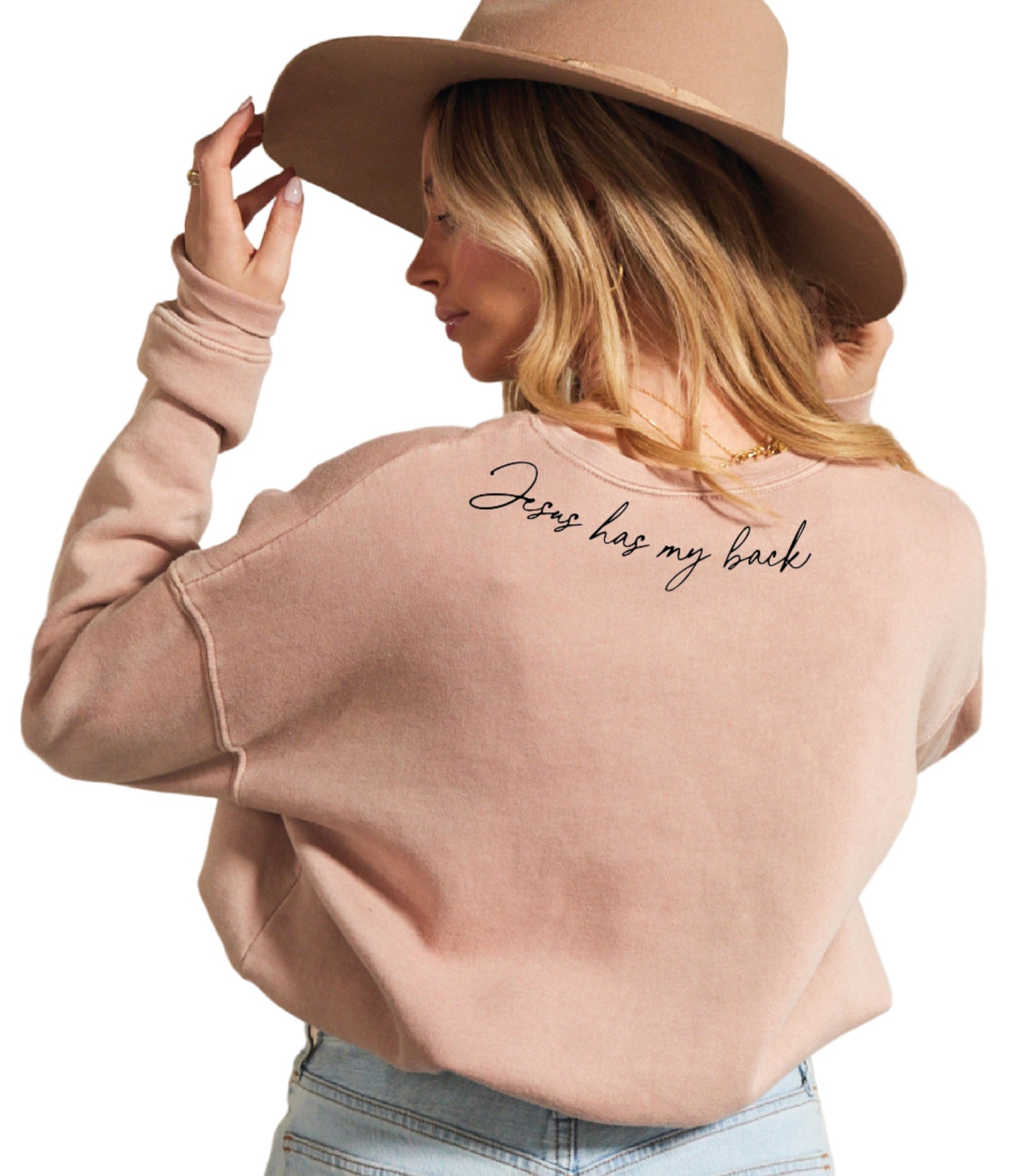 "JESUS HAS MY BACK" MINERAL WASHED SWEATSHIRT - SOFT PINK
