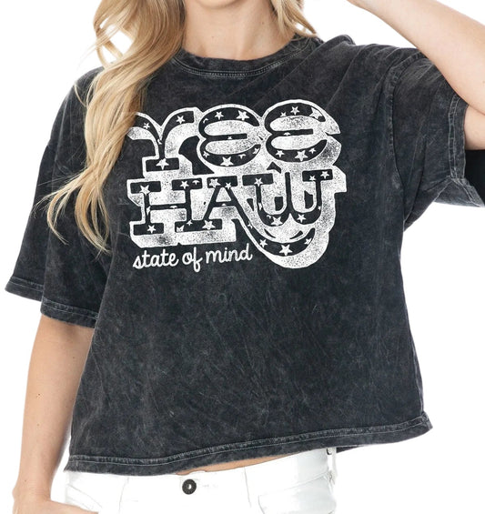 YEE HAW STATE OF MIND BLACK MINERAL WASH CROP TOP