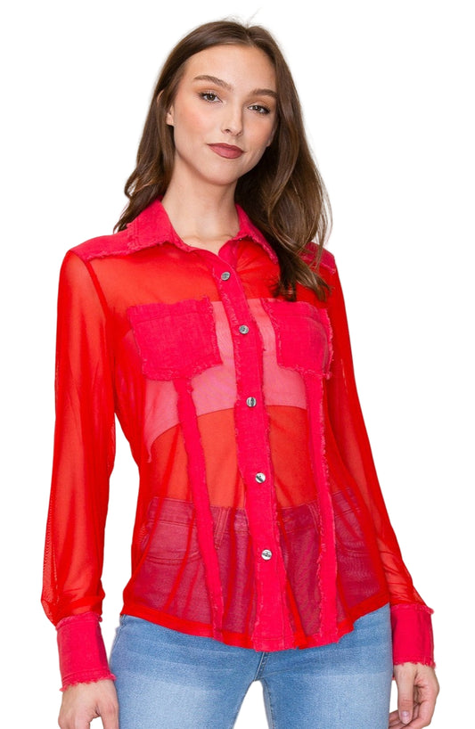 RED MESH AND LINEN SHACKET