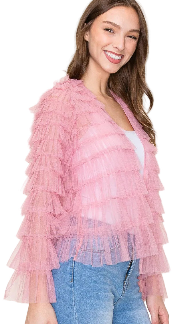 W.A.Y. MESH RUFFLE JACKET in PINK or RED