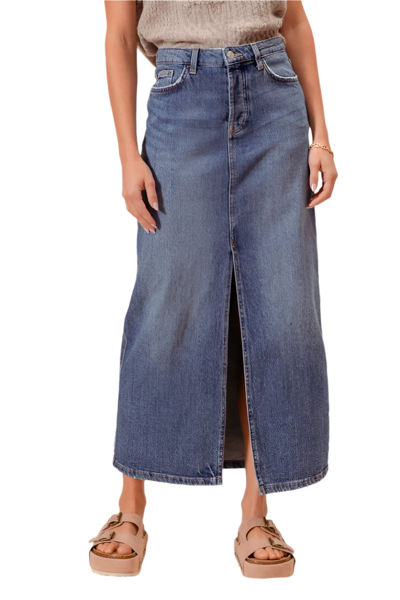 STRAIGHT DENIM LONG SKIRT WITH FRONT SLIT