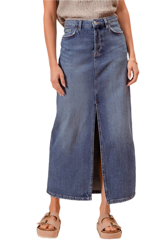 STRAIGHT DENIM LONG SKIRT WITH FRONT SLIT