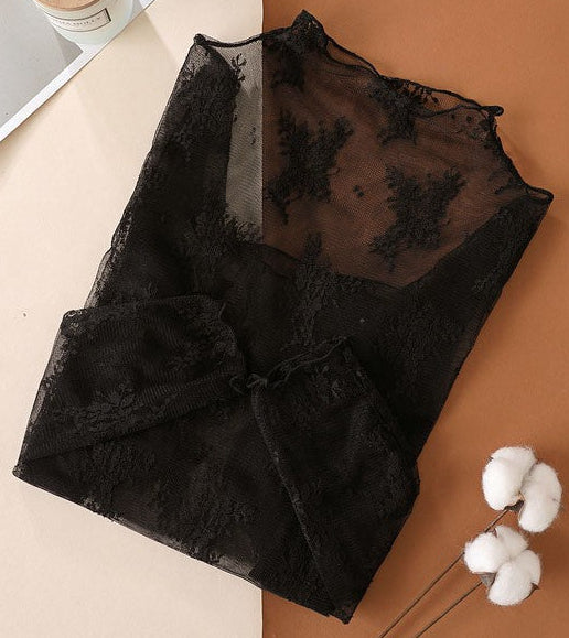 SHEER LACE MOCK NECK MESH TOP
