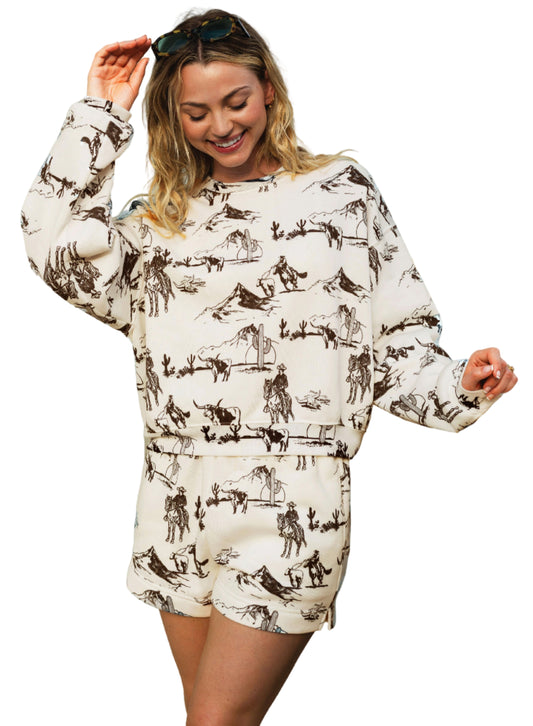 WESTERN PRINT MATCHING SWEATSHIRT/SHORT SET