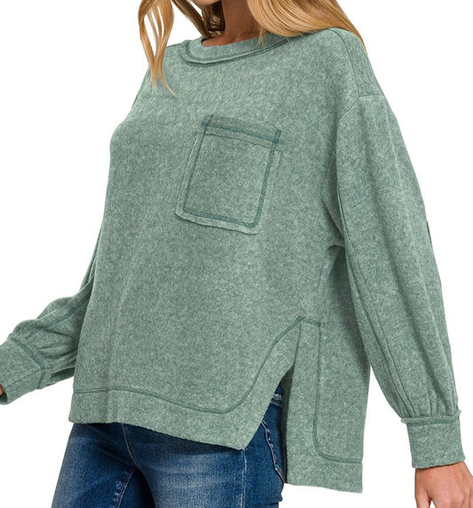 BRUSHED HACCI HI-LOW ROUND NECK SWEATER in ASH JADE